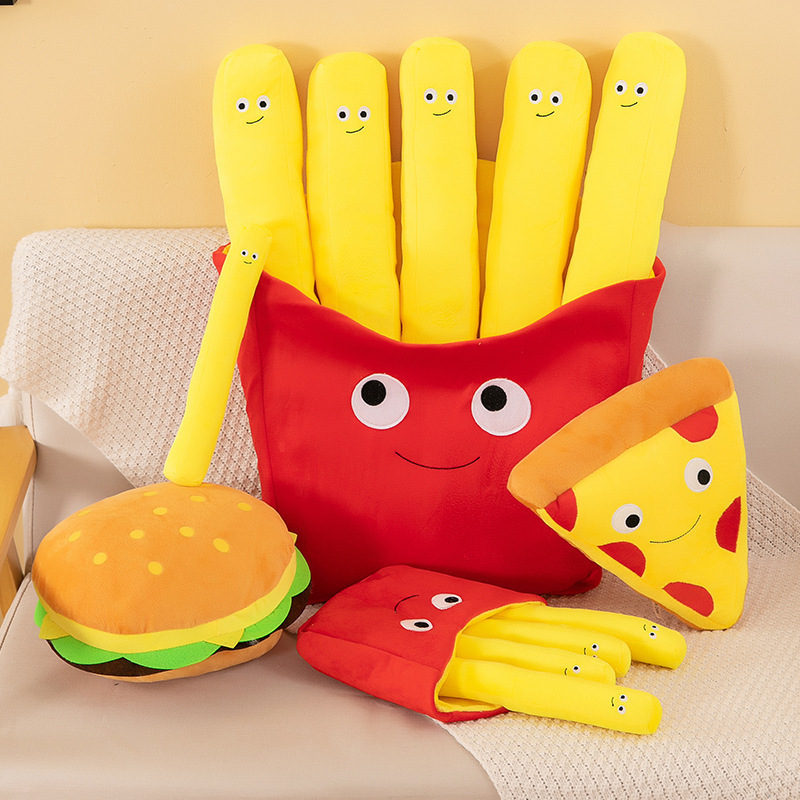 French Fries Plush Toy displayed with matching burger and pizza plush toys, creating a playful food-themed display for home decor and gifting