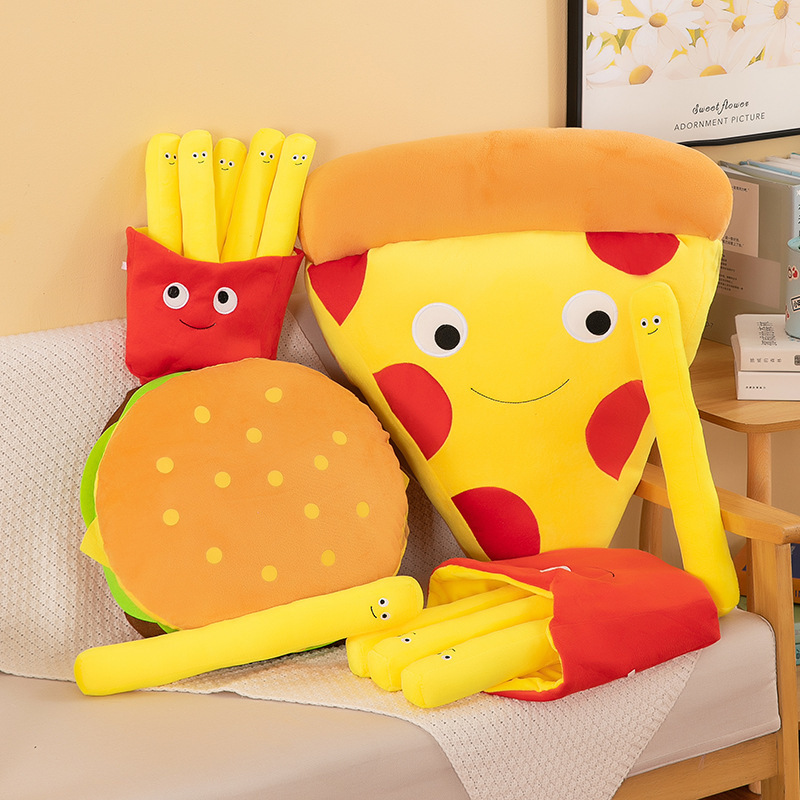 Burger, French Fries & Pizza Plush Toys displayed together, showcasing fun food-inspired designs for decorating bedrooms, sofas, and cozy living spaces