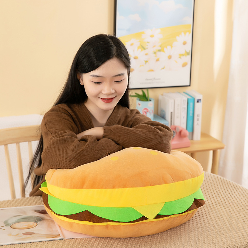 Burger Plush Toy used as a soft cushion, featuring a cute food-inspired design for lounging, hugging, and decorating cozy living spaces