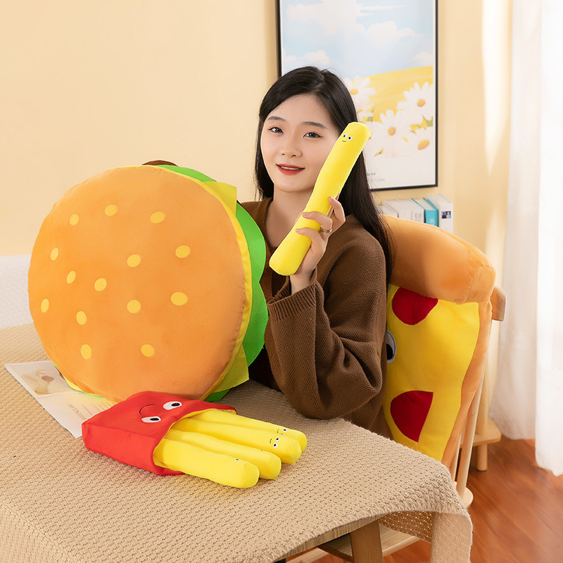 Burger, French Fries & Pizza Plush Toys displayed in a cozy room, highlighting their fun food-inspired designs for collecting, decorating, and everyday comfort