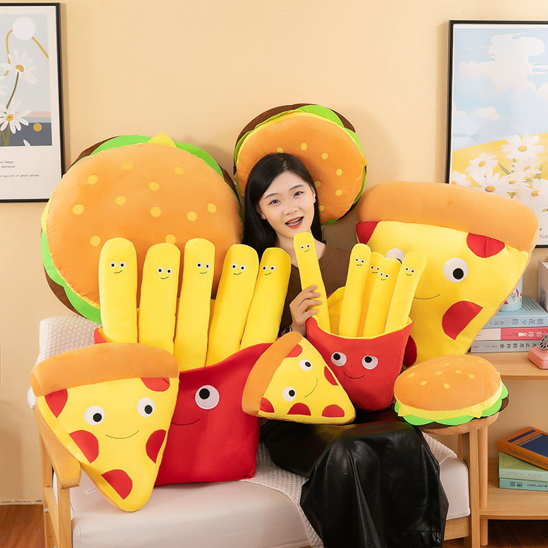 Burger, French Fries & Pizza Plush Toys displayed in multiple sizes with cheerful food-inspired designs for decorating, gifting, and cozy spaces