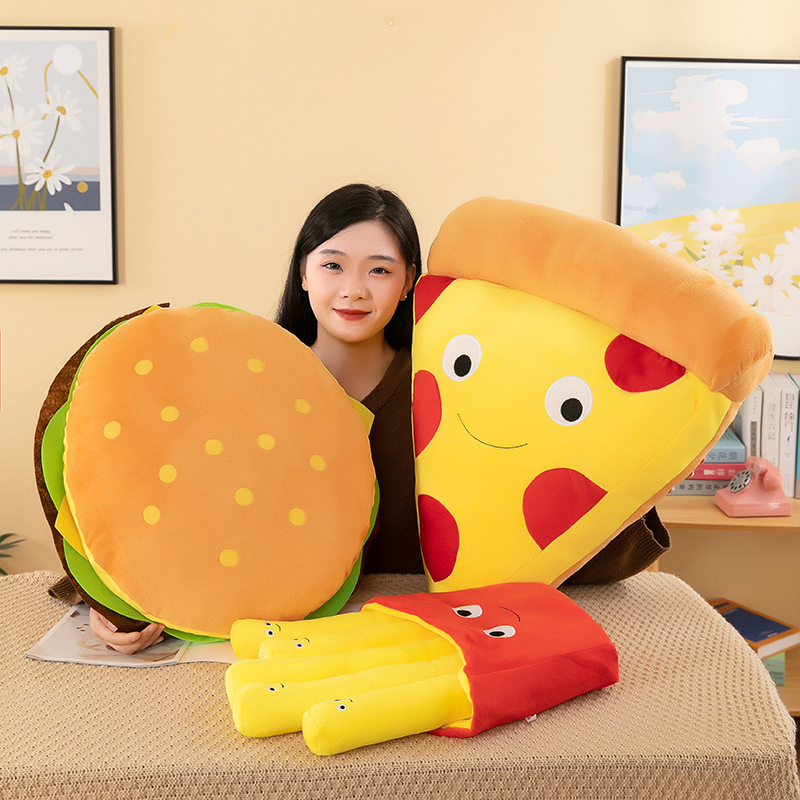 Burger, French Fries & Pizza Plush Toys displayed together, showcasing cute food-inspired designs for decorating, cuddling, and adding a playful touch to cozy spaces