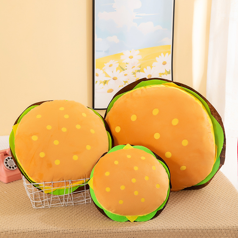 Burger Plush Toys displayed in multiple sizes, showcasing cute burger-inspired designs for hugging, decorating, and cozy room displays