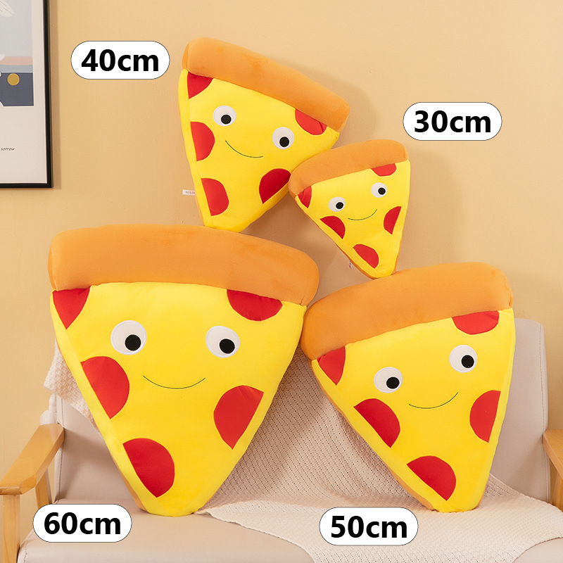 Pizza Plush Toy size comparison showing 30 cm, 40 cm, 50 cm, and 60 cm options for cuddling, decorating, and gifting