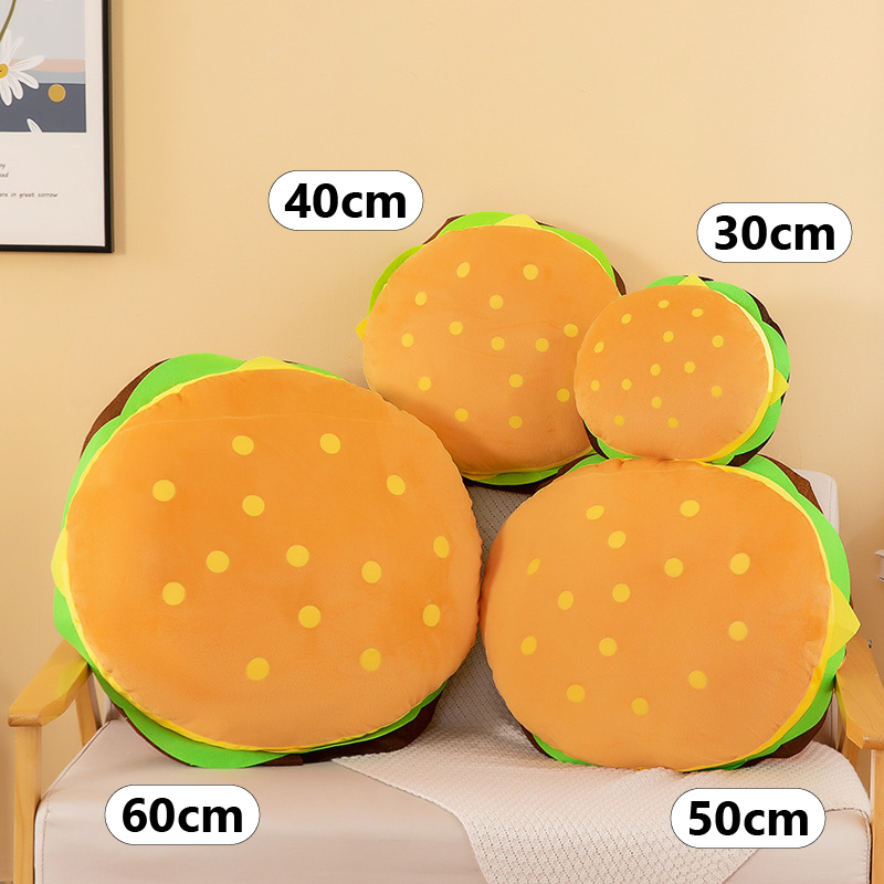 Burger Plush Toy size comparison showing 30 cm, 40 cm, 50 cm, and 60 cm options for hugging, decorating, and displaying