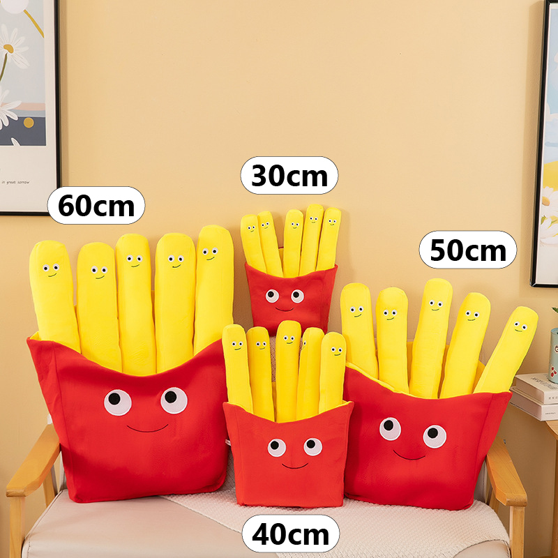 French Fries Plush Toy size comparison showing 30 cm, 40 cm, 50 cm, and 60 cm options for hugging, displaying, and decorating