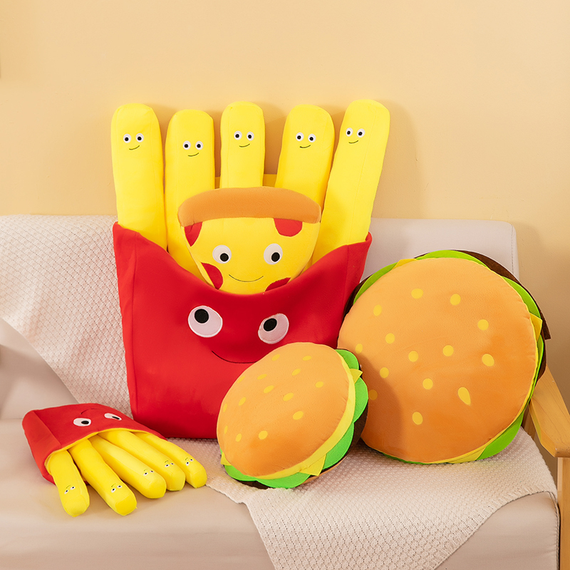 Burger, French Fries & Pizza Plush Toys in assorted sizes, showcasing adorable food-inspired designs for cuddling, displaying, and collecting