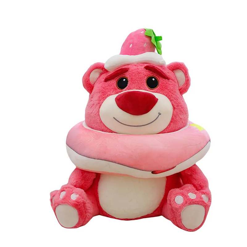 Pink Bear Plush Toy in Strawberry Donut style with a strawberry hat, soft plush ring, and smiling bear design on a white background
