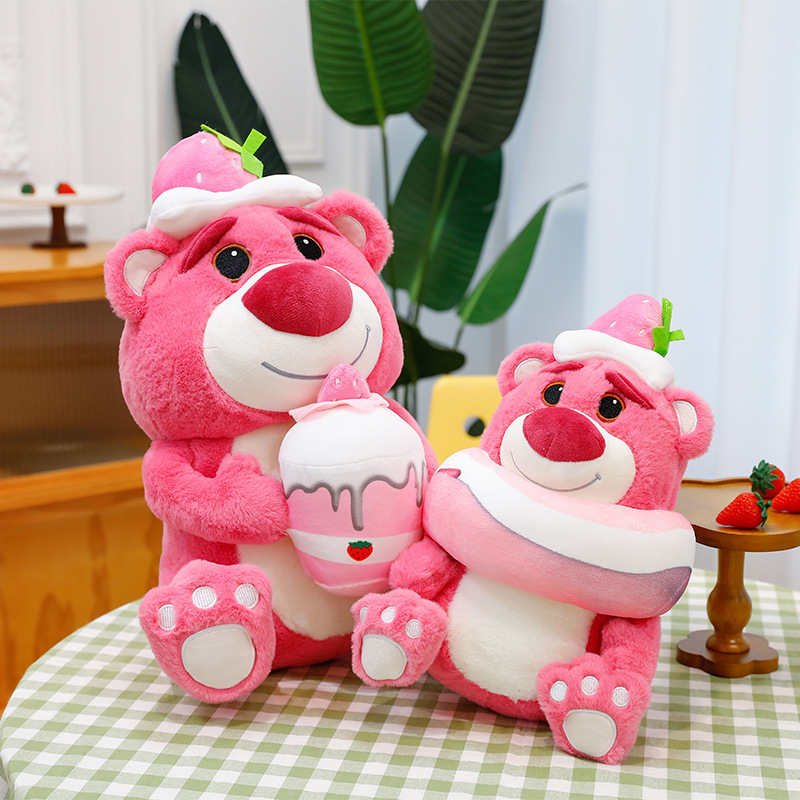 Pink Bear Plush Toy in Strawberry Cake and Strawberry Donut styles displayed together, featuring soft plush fabric and adorable dessert-inspired designs for cozy room decor