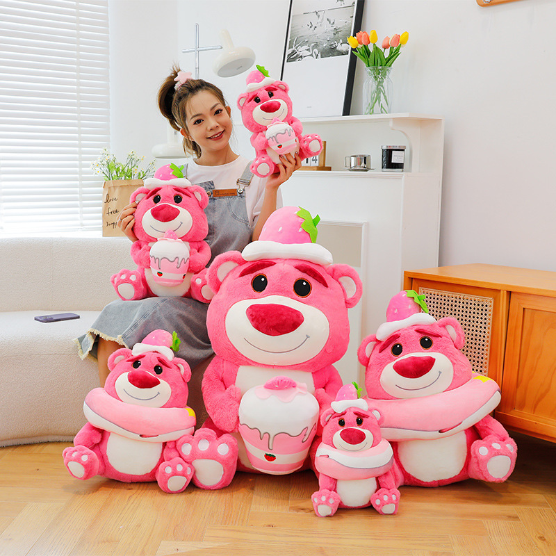 Pink Bear Plush Toy featuring Strawberry Donut and Strawberry Cake styles displayed together in multiple sizes, showcasing adorable dessert-inspired designs for collecting, decorating, and gifting
