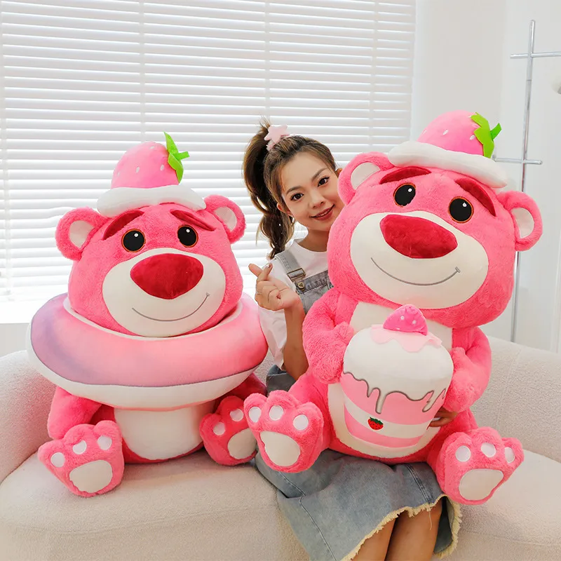 Pink Bear Plush Toy in Strawberry Donut and Strawberry Cake styles displayed together, showcasing two adorable dessert-inspired designs with soft plush fabric