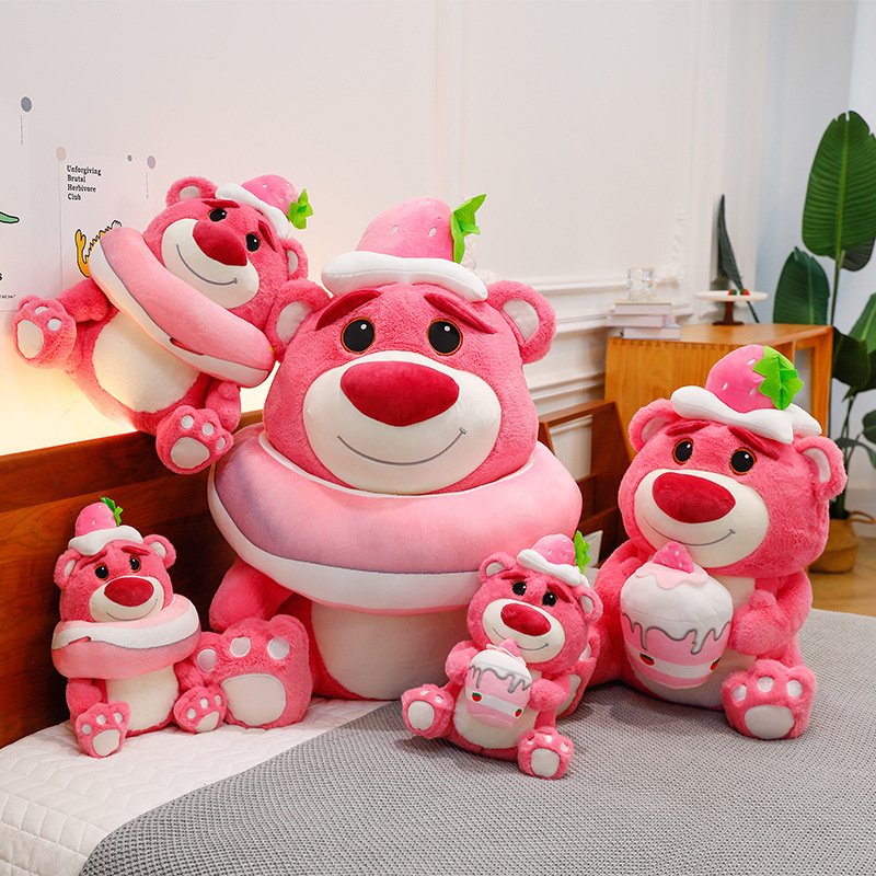 Pink Bear Plush Toy featuring Strawberry Donut and Strawberry Cake styles displayed together, showcasing soft plush fabric and adorable dessert-inspired designs