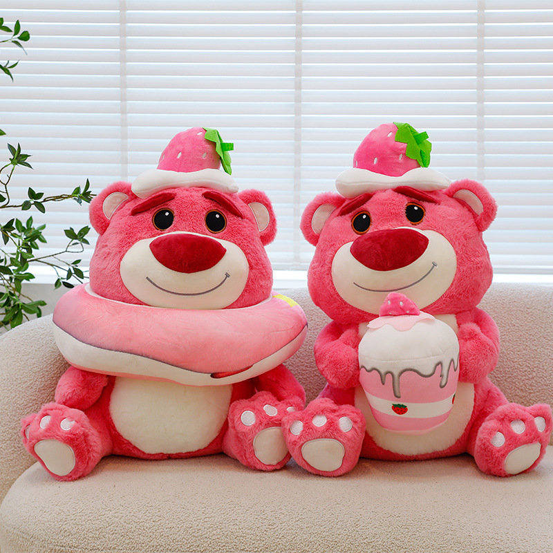 Pink Bear Plush Toy featuring Strawberry Donut and Strawberry Cake styles displayed side by side, highlighting the unique dessert-themed accessories and bear designs