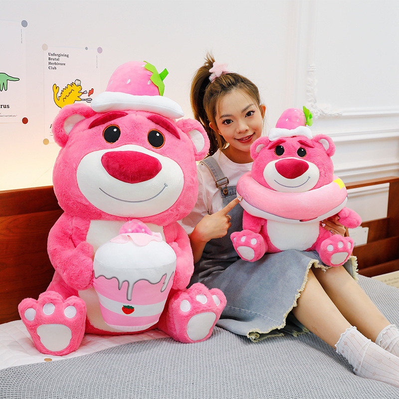 Pink Bear Plush Toy in Strawberry Cake and Strawberry Donut styles, featuring soft plush fabric and PP cotton filling for cuddling, relaxing, decorating, and gifting