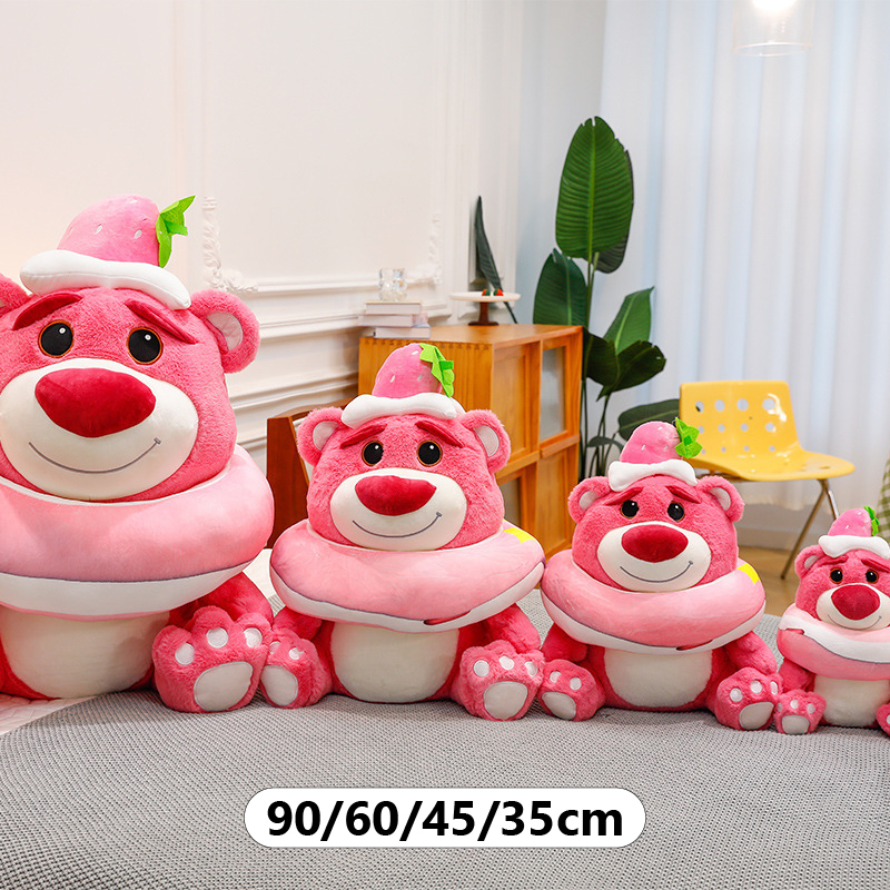 Pink Bear Plush Toy in Strawberry Donut style shown in 35 cm, 45 cm, 60 cm, and 90 cm sizes, highlighting the soft plush fabric and adorable bear design