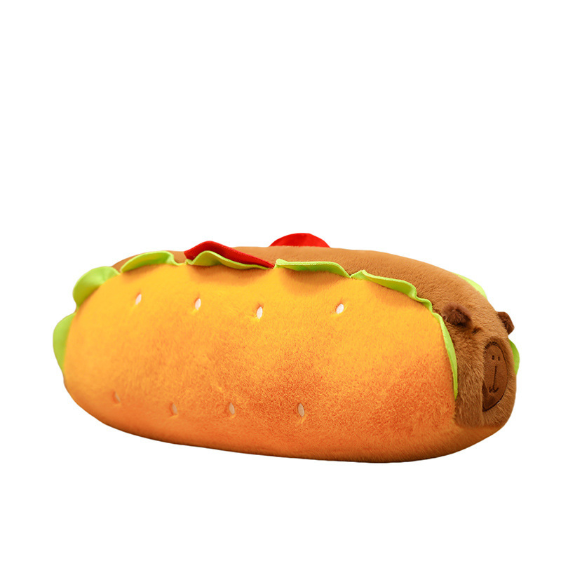 Hot Dog Capybara Plush Pillow featuring a playful food-inspired design, soft plush fabric, PP cotton filling, and adorable capybara details