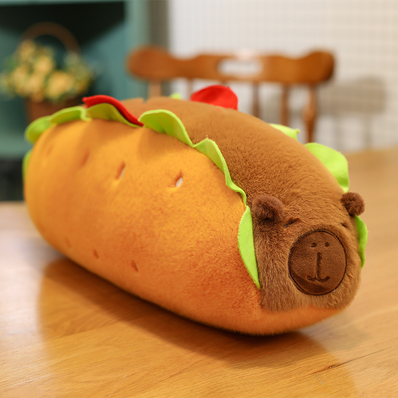 Hot Dog Capybara Plush Pillow featuring a cute embroidered capybara face, soft plush fabric, and a playful hot dog-inspired design