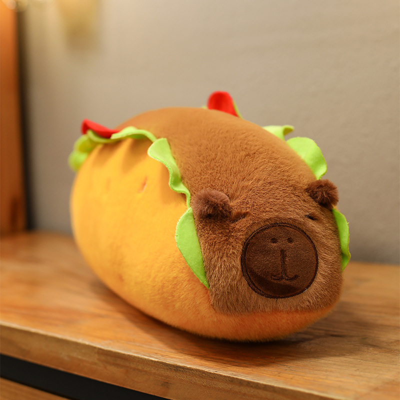 Hot Dog Capybara Plush Pillow showcasing its rounded shape, soft plush texture, and adorable capybara-inspired design