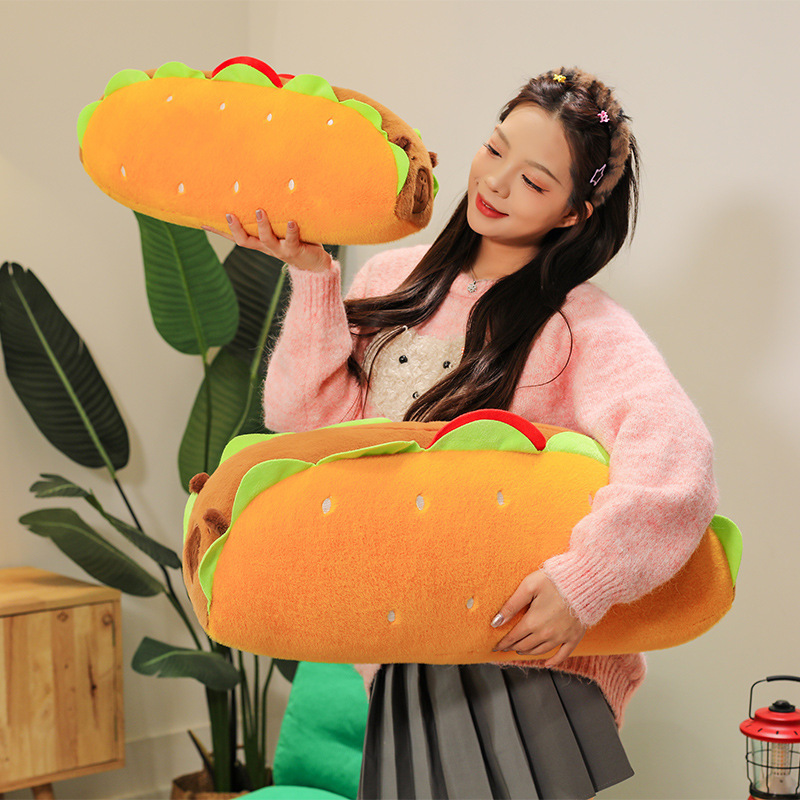 Hot Dog Capybara Plush Pillow with a long huggable design, soft plush fabric, and fluffy PP cotton filling for everyday comfort