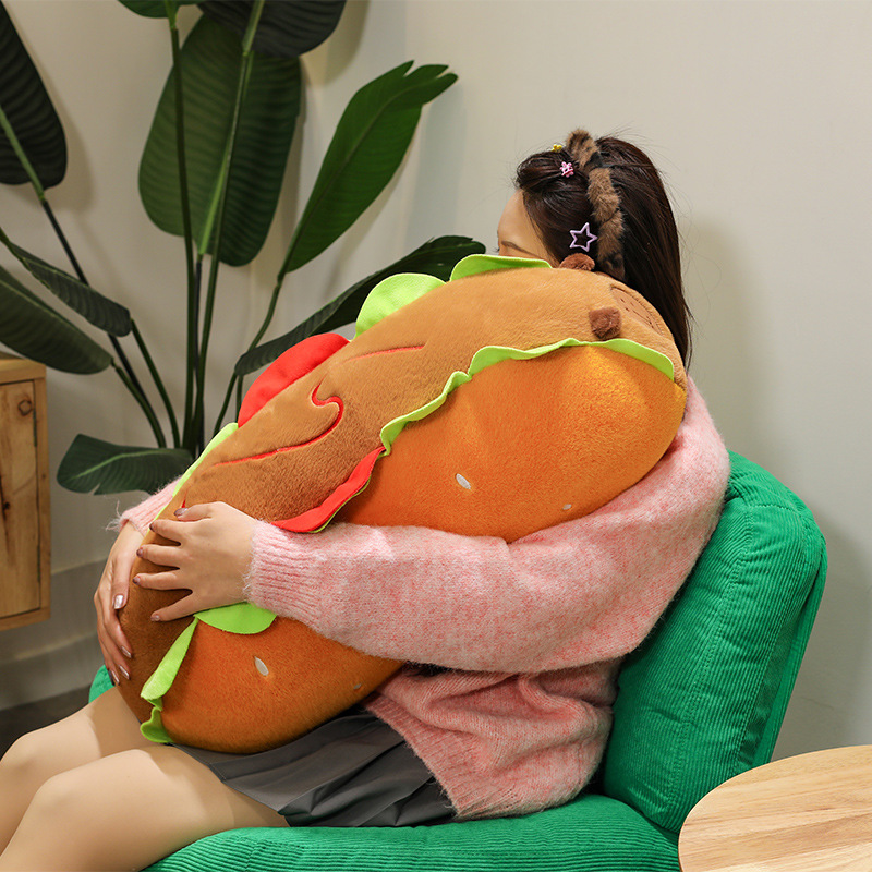 Hot Dog Capybara Plush Pillow with a long huggable design, perfect for cuddling, relaxing, and enjoying cozy moments at home