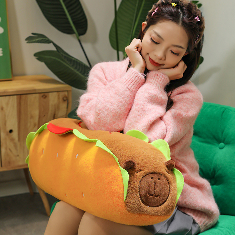 Hot Dog Capybara Plush Pillow featuring a cute capybara face, soft plush fabric, and a cozy design for relaxing and decorating living spaces