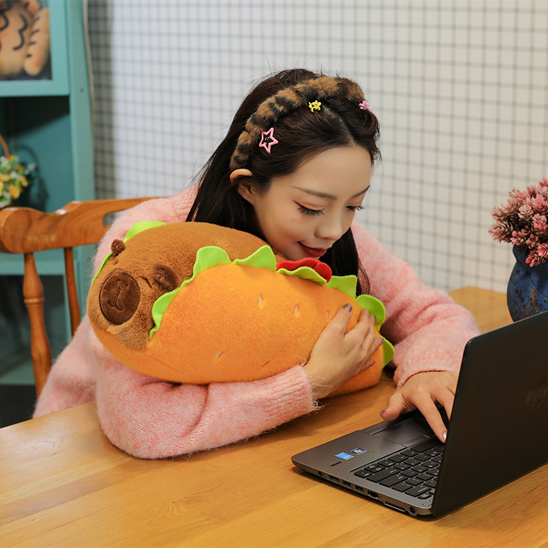 Hot Dog Capybara Plush Pillow with a soft huggable design, providing cozy comfort while relaxing at a desk or in a reading corner