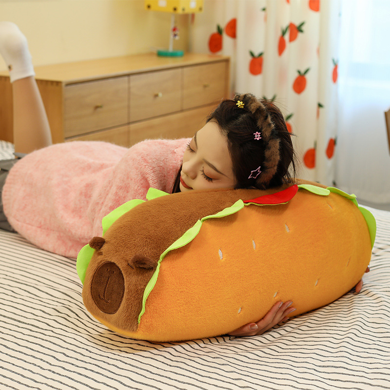 Hot Dog Capybara Plush Pillow used as a cozy pillow for resting and relaxing, featuring a soft plush surface and long huggable design for everyday comfort