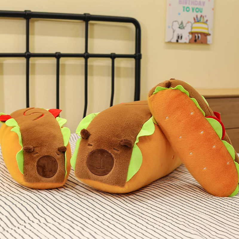 Hot Dog Capybara Plush Pillow featuring front and side views, highlighting its cute capybara face, soft plush fabric, and playful hot dog-inspired design