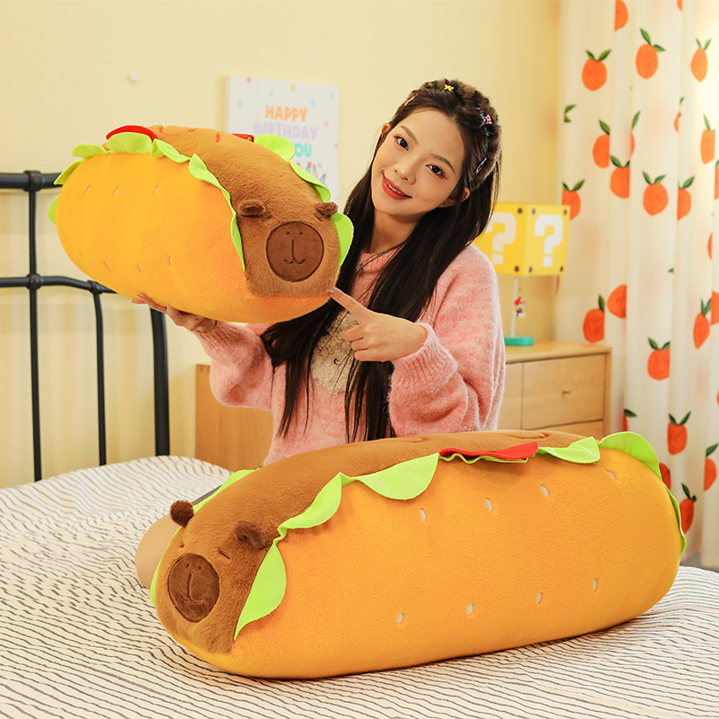 Hot Dog Capybara Plush Pillow featuring a long huggable shape, soft PP cotton filling, and cute food-inspired details, perfect for cuddling and home decor