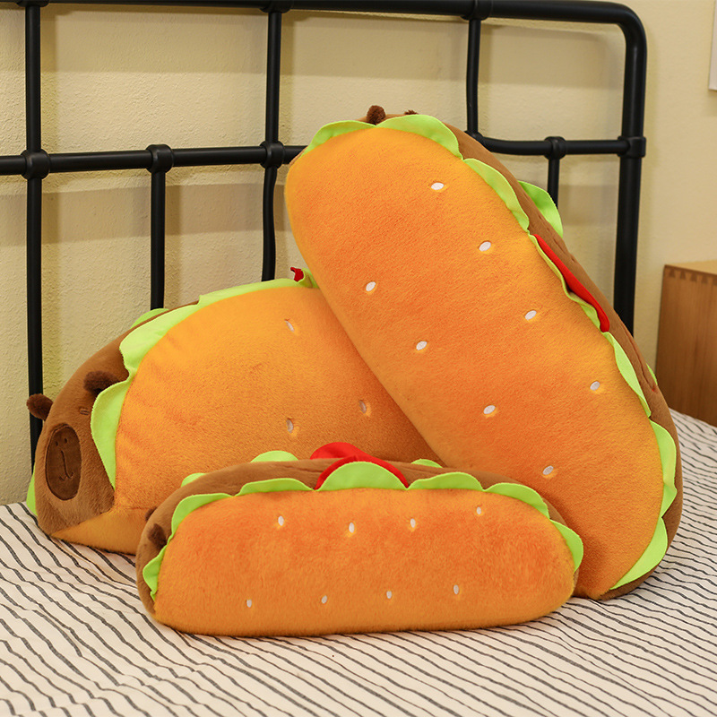 Hot Dog Capybara Plush Pillow showcasing its long body shape, soft plush fabric, and charming food-inspired design from different angles