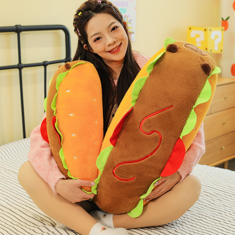 Hot Dog Capybara Plush Pillow showcasing its front and back design, featuring soft plush fabric, playful food-inspired details, and adorable capybara features