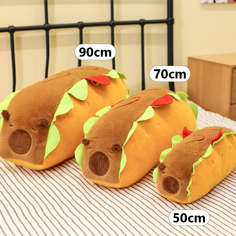 Hot Dog Capybara Plush Pillow available in 50 cm, 70 cm, and 90 cm sizes, showcasing the size differences for easy comparison