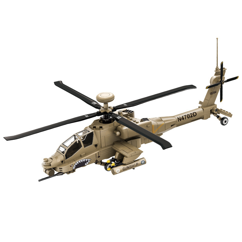 WANGE AH-64 Apache helicopter building blocks model featuring realistic rotor blades, cockpit, landing gear, and weapon pods, ideal for display and military model collections