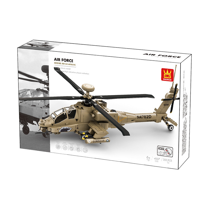 WANGE AH-64 Apache Helicopter Building Blocks retail packaging featuring the completed helicopter model, 259-piece building set, and detailed military aircraft artwork