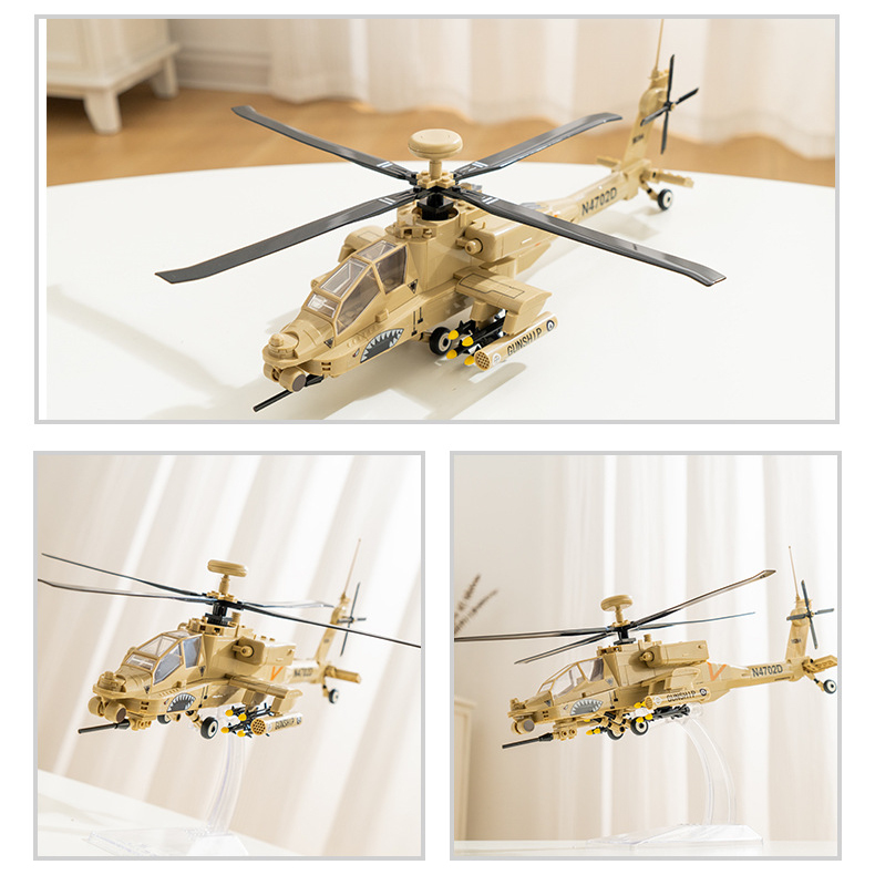 WANGE AH-64 Apache helicopter building blocks model showcased from multiple display angles, highlighting the realistic military aircraft design, rotor system, cockpit, and detailed weapon pods