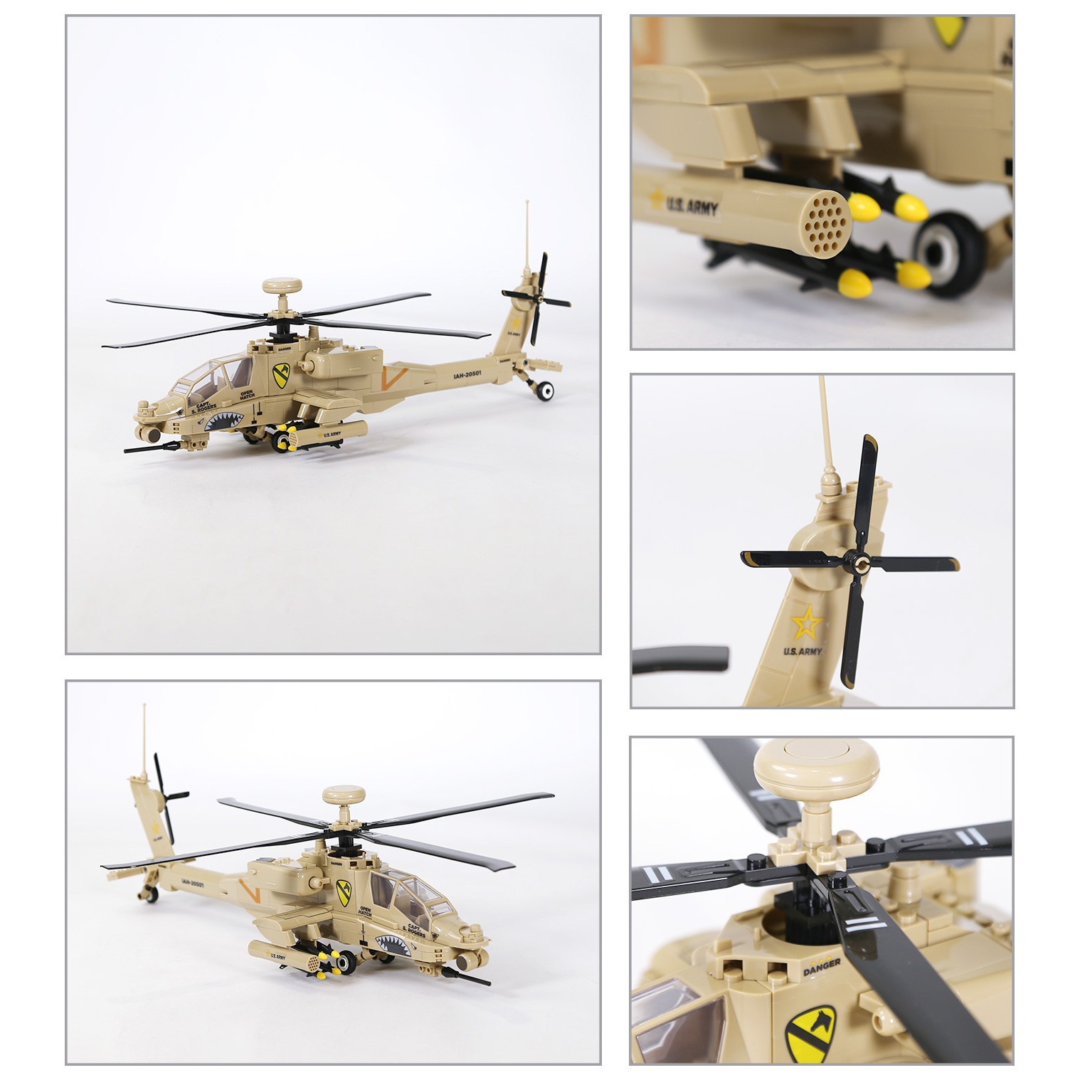 WANGE AH-64 Apache helicopter building blocks model showcasing multiple angles and detailed features, including the rotor system, cockpit, tail rotor, landing gear, and weapon pods