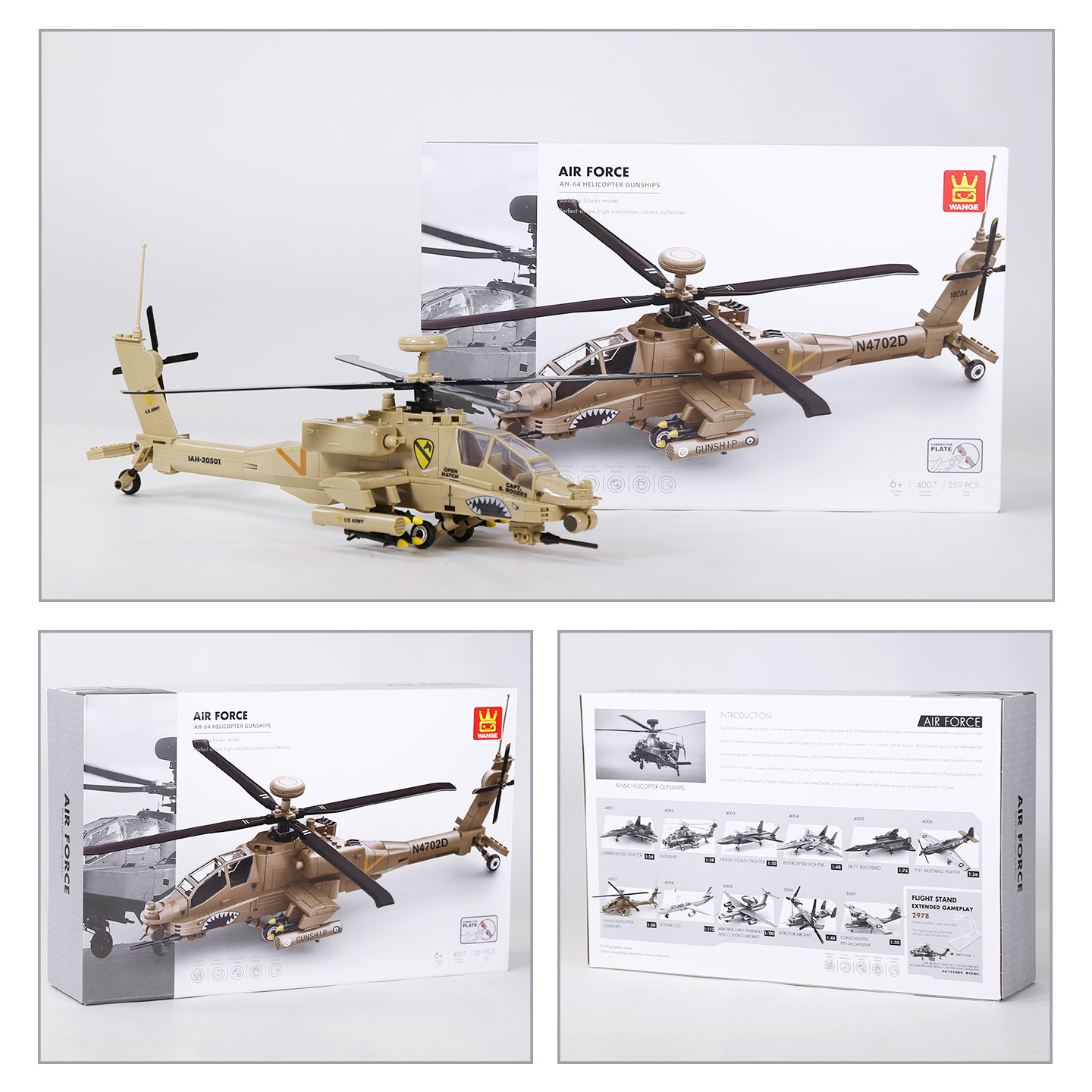 WANGE AH-64 Apache Helicopter Building Blocks model displayed with front and back retail packaging, highlighting the completed aircraft design, box artwork, and 259-piece building set