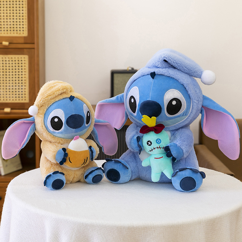 Stitch Costume Plush Toys in the Coconut Drink and Scrump styles displayed together on a table, featuring soft plush fabric and themed accessories for display or cuddling