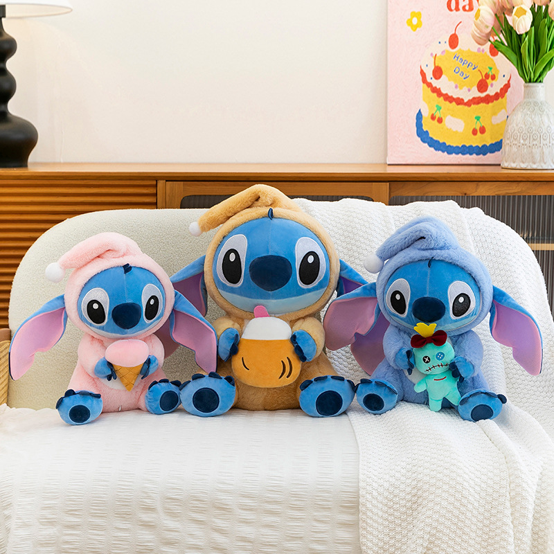 Stitch Costume Plush Toys in three themed styles displayed on a sofa, creating a cozy decorative display for bedrooms and living spaces