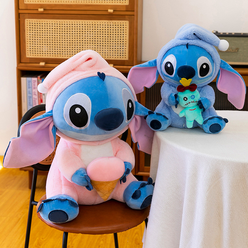 Stitch Costume Plush Toys in the Ice Cream and Scrump styles displayed on a chair and table in a cozy living space, adding a playful touch to home decor