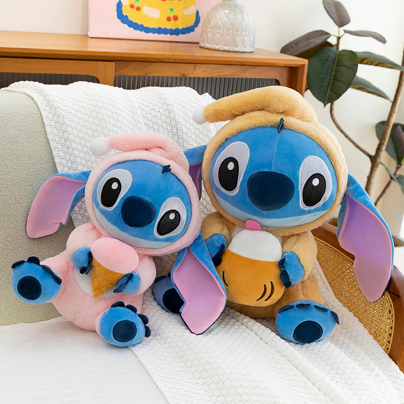 Stitch Costume Plush Toys in the Coconut Drink and Ice Cream styles displayed on a sofa, adding a playful touch to cozy home decor