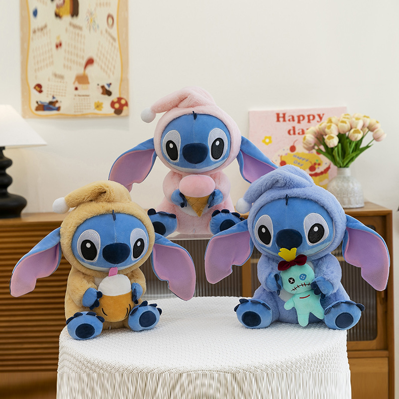 Stitch Costume Plush Toys in Scrump, Coconut Drink, and Ice Cream styles displayed in a cozy living space, showcasing the different themed designs for decorating, cuddling, and collecting