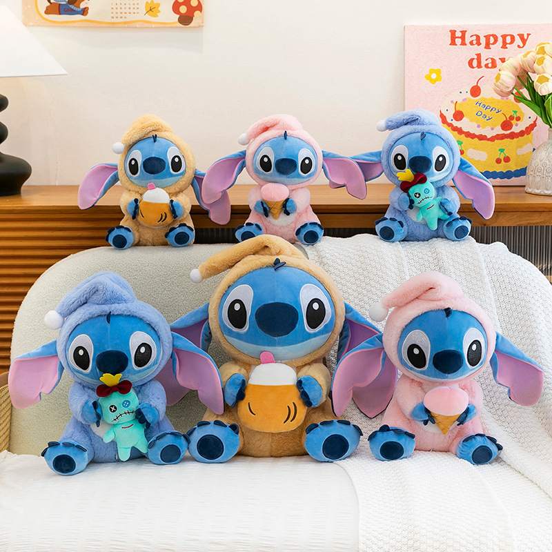 Stitch Costume Plush Toys in Scrump, Coconut Drink, and Ice Cream styles displayed on a sofa, showcasing multiple sizes for cuddling, decorating, and collecting