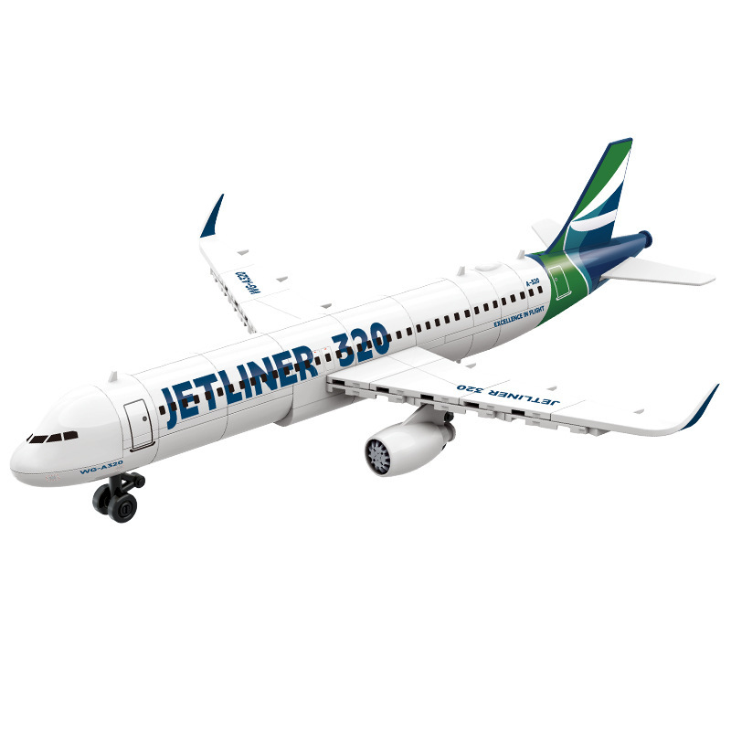 WANGE Jetliner 320 building blocks commercial airliner model with detailed twin engines, swept wings, landing gear, and realistic passenger aircraft styling on a white background