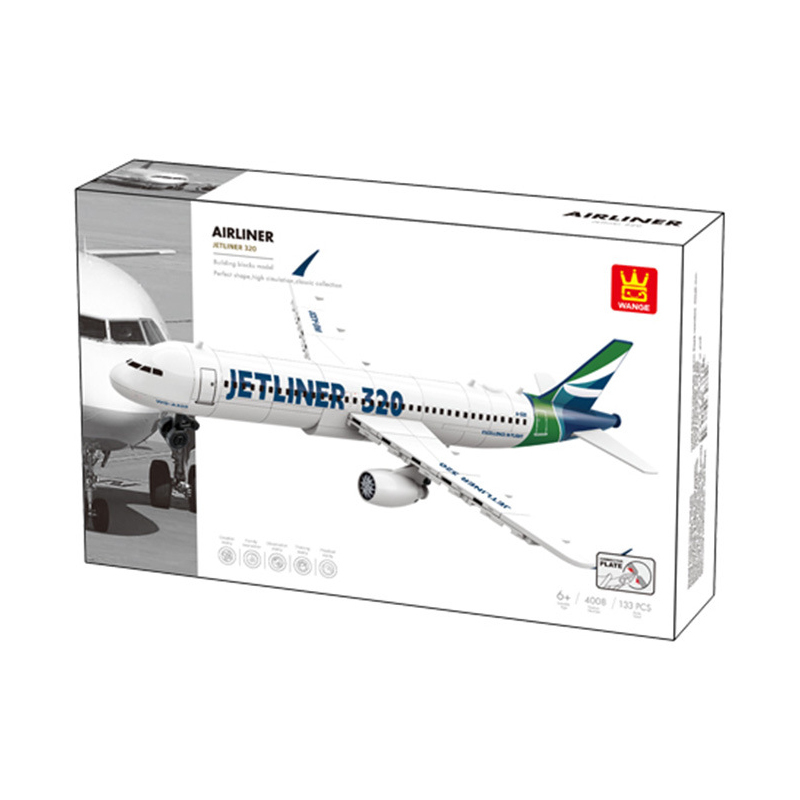 WANGE Jetliner 320 Building Blocks retail box featuring the commercial airliner model, shown for product packaging and box design reference