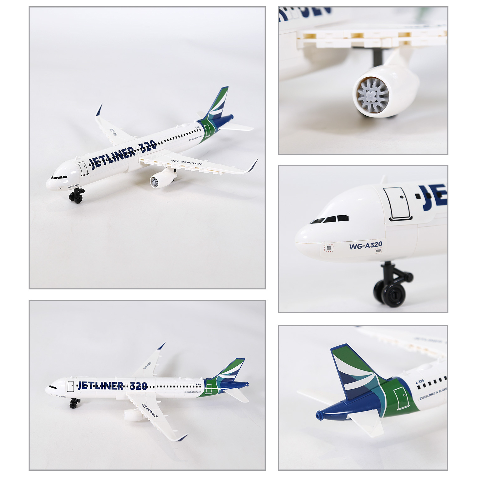 WANGE Jetliner 320 building blocks commercial airliner model showcasing multiple views, including the streamlined fuselage, cockpit, twin engines, landing gear, wings, and tail fin details