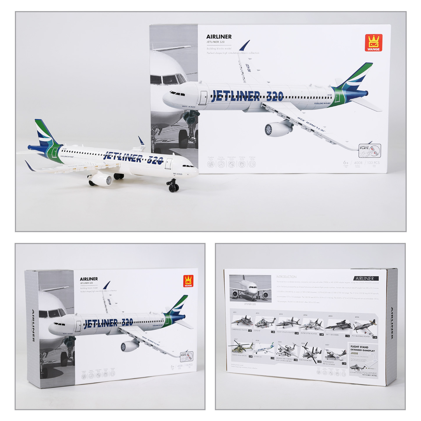 WANGE Jetliner 320 Building Blocks commercial airliner model displayed with the retail box, showcasing the assembled aircraft along with the front and back packaging design