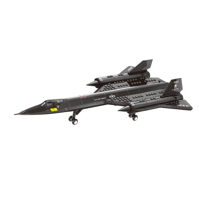 WANGE SR-71 Blackbird building blocks reconnaissance aircraft model with a long fuselage, twin-engine design, landing gear, and realistic military aircraft details on a white background