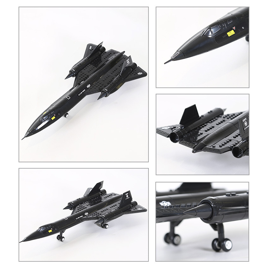 WANGE SR-71 Blackbird building blocks reconnaissance aircraft model showcasing multiple views, including the long fuselage, cockpit, twin engines, landing gear, and realistic military aircraft details