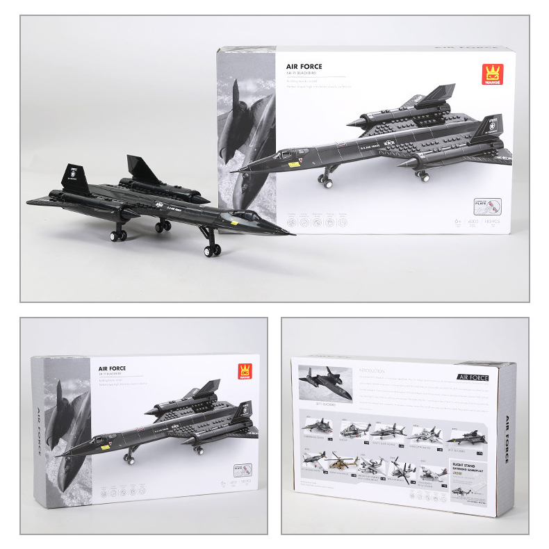 WANGE SR-71 Blackbird Building Blocks reconnaissance aircraft model displayed with the retail box, showcasing the assembled aircraft along with the front and back packaging design